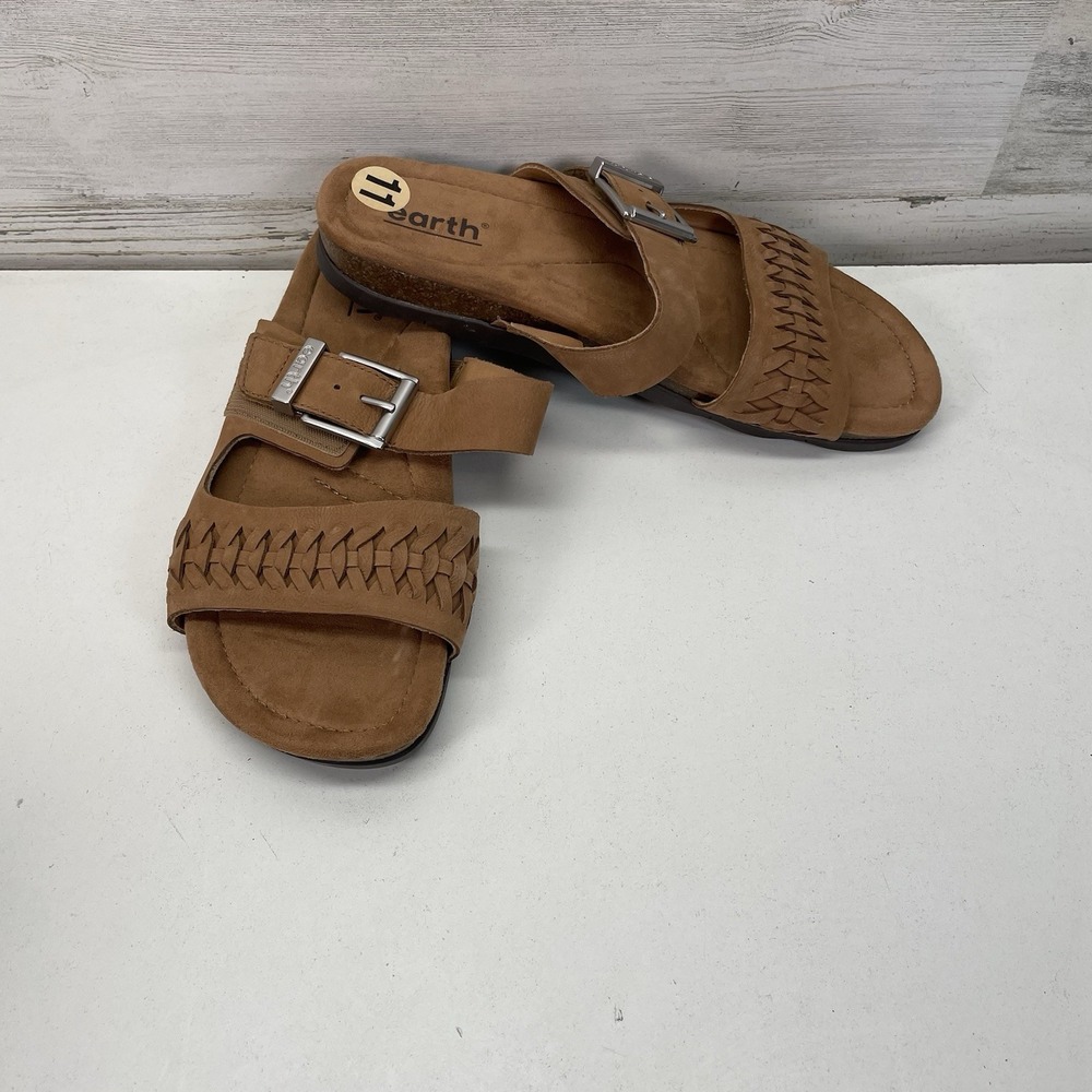 Earth Etemani Tan‎ Leather Woven Buckle Slide Sandals Womens 11M Comfort Cork